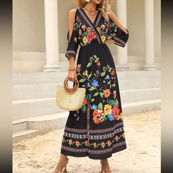 Boho floral print cold shoulder slit thigh maxi dress - Picture 5 of 6